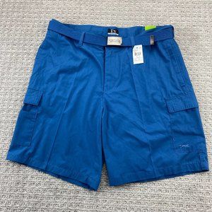 FOX Golf Cargo Shorts Men 36 Blue Flat Front Short Pants Belt Buckle New w Stain